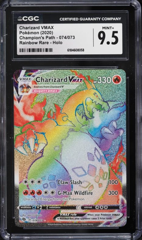 Charizard VMAX rainbow rare, Champion’s Path 074/073, in a CGC 9.5 MINT+ slab