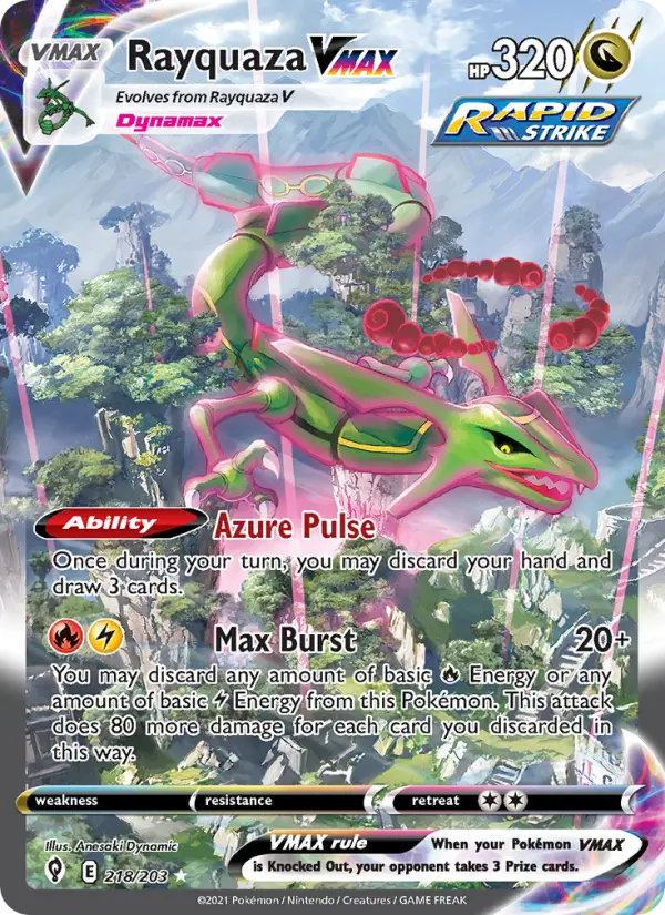 Rayquaza VMAX, Evolving Skies 218 — publisher reference scan, not a photo of this copy